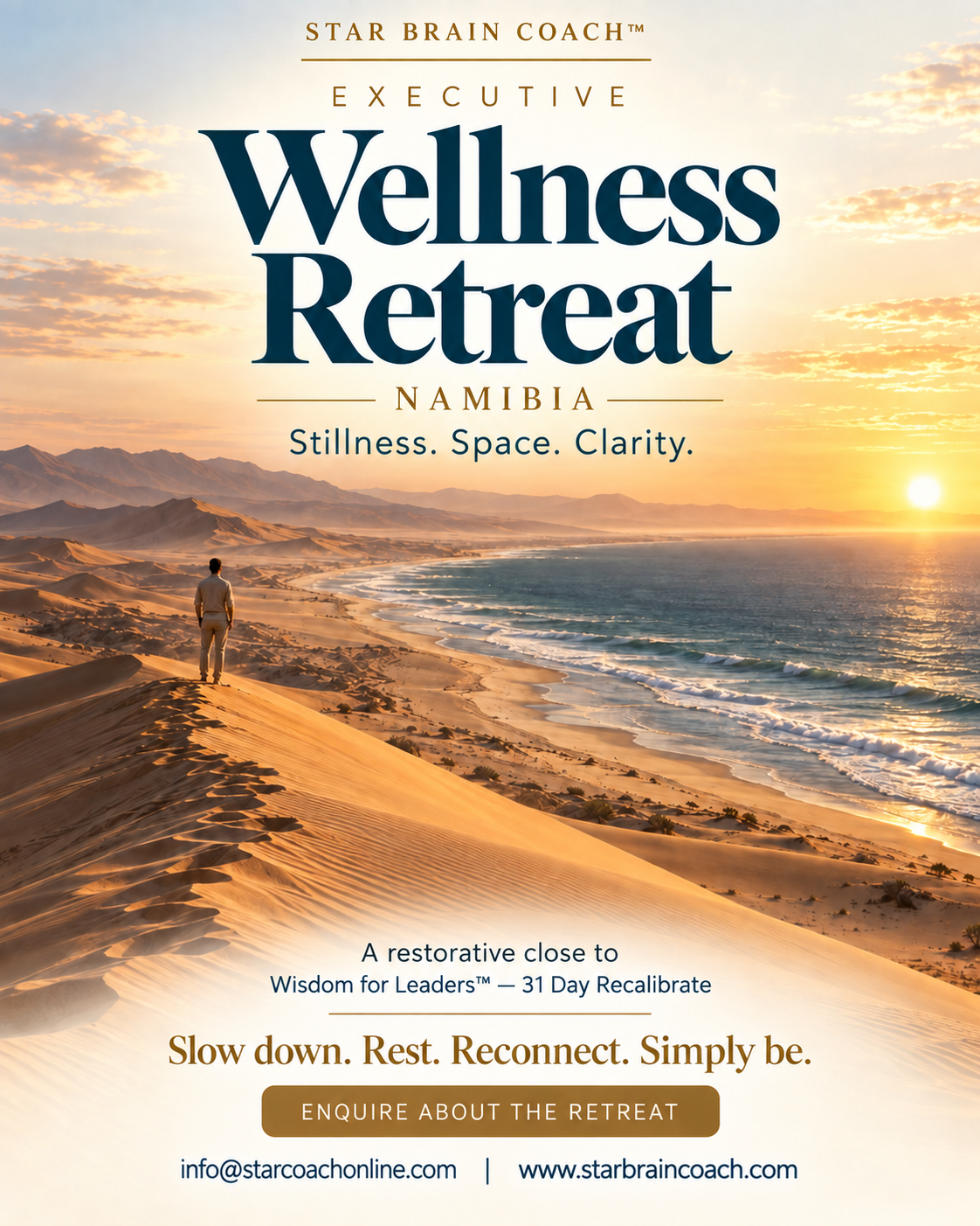 Executive Wellness Retreat, Namibia — a leader on a dune at sunrise